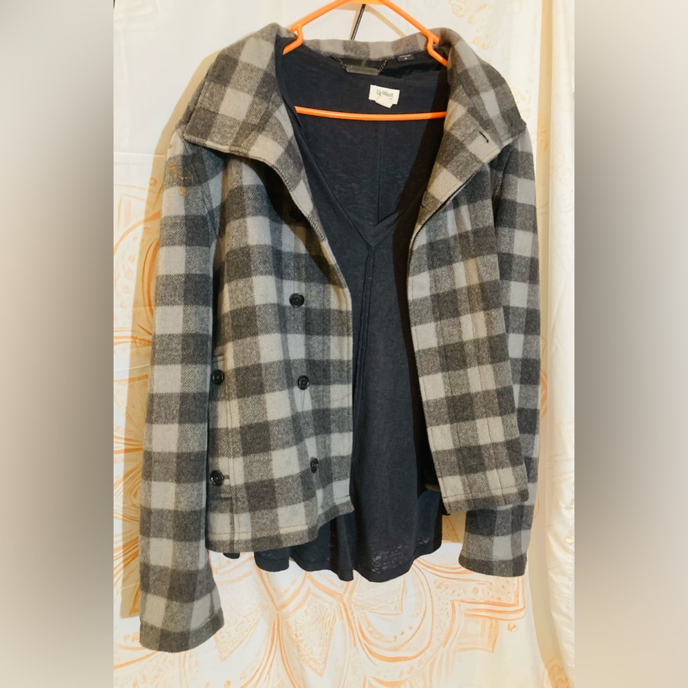 Armani Exchange Gray and Black Plaid Pea Coat